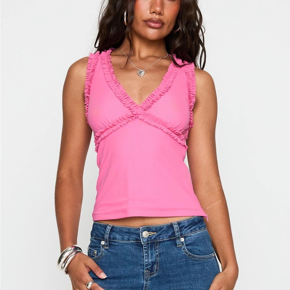 Princess Polly Daniya Frill V-Neck Sleeveless Tank Top - Pink